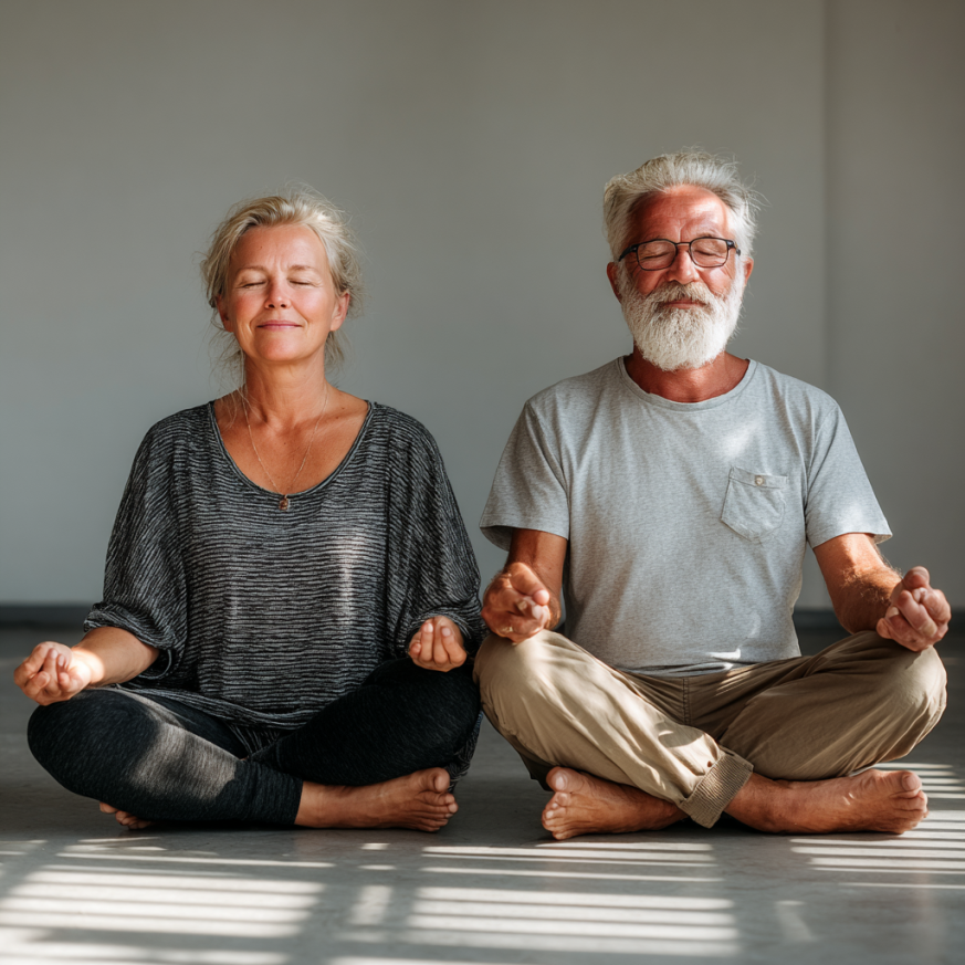 Літня жінка практикує йогу на природі