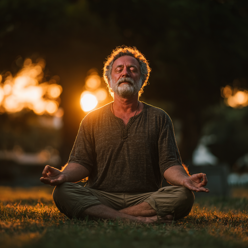 Група літніх людей виконує дихальні вправи